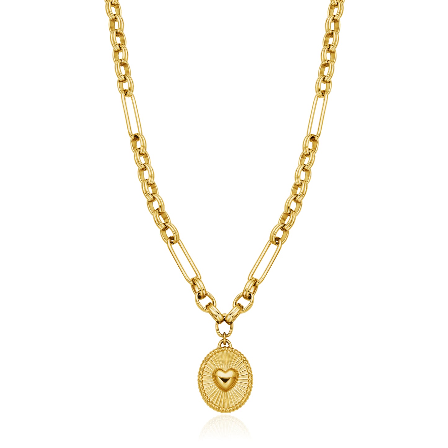 T0XJ800216 - Puffy Heart Oval Charm Multi-Shaped Chain Necklace | Steelx