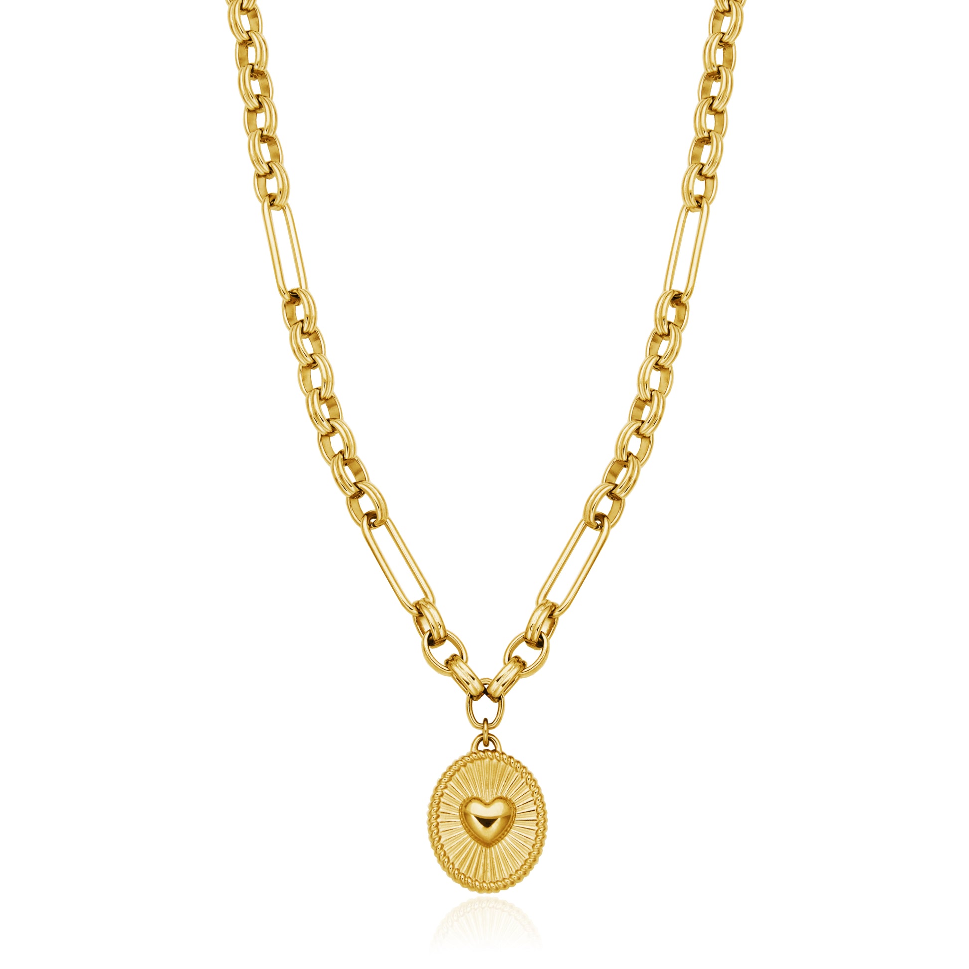 T0XJ800216 - Puffy Heart Oval Charm Multi-Shaped Chain Necklace | Steelx