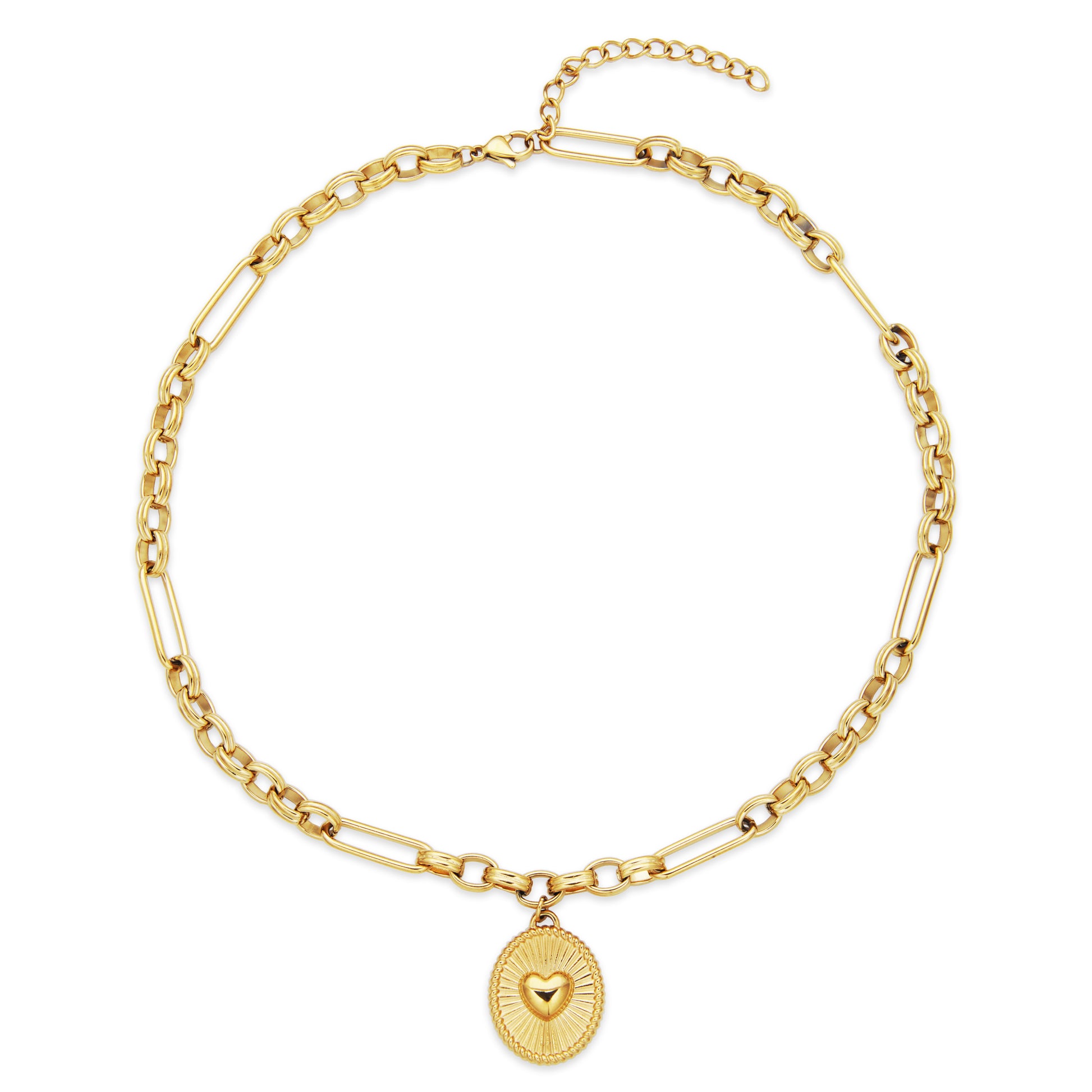 T0XJ800216 - Puffy Heart Oval Charm Multi-Shaped Chain Necklace | Steelx