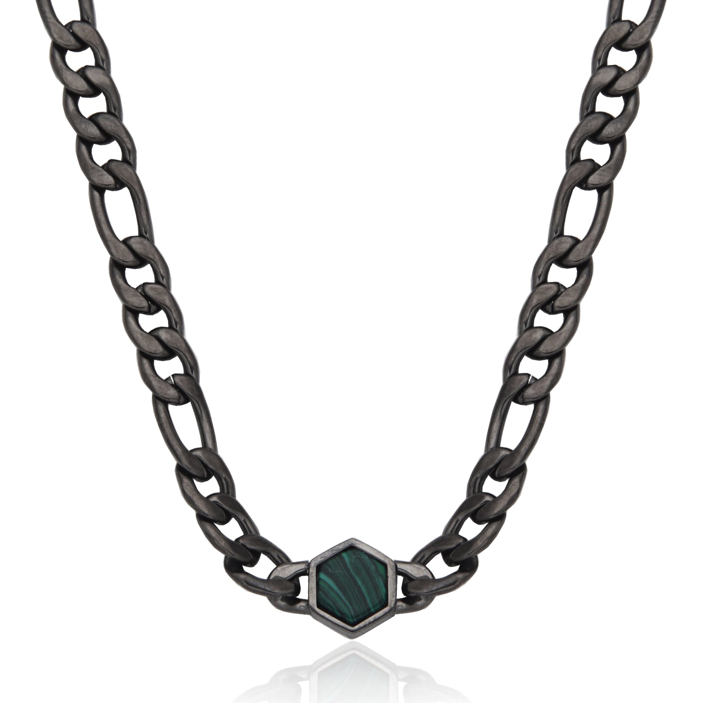 T0XK050422 - Hex Malachite Figaro Chain Necklace | steelx