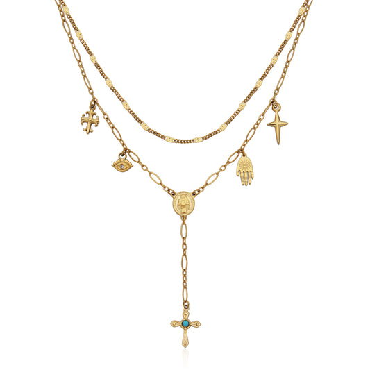 T0XK420217 - Multi-Charm Double Layered Lariat Necklace | steelx
