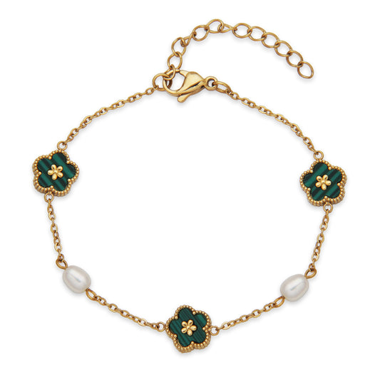 T1XK300265 - Malachite & Freshwater Pearl Station Bracelet | steelx