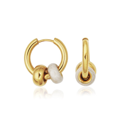 T2XJ850200 - Two-Tone White Enamel & IP Gold Rondelles Huggie Earrings | Steelx