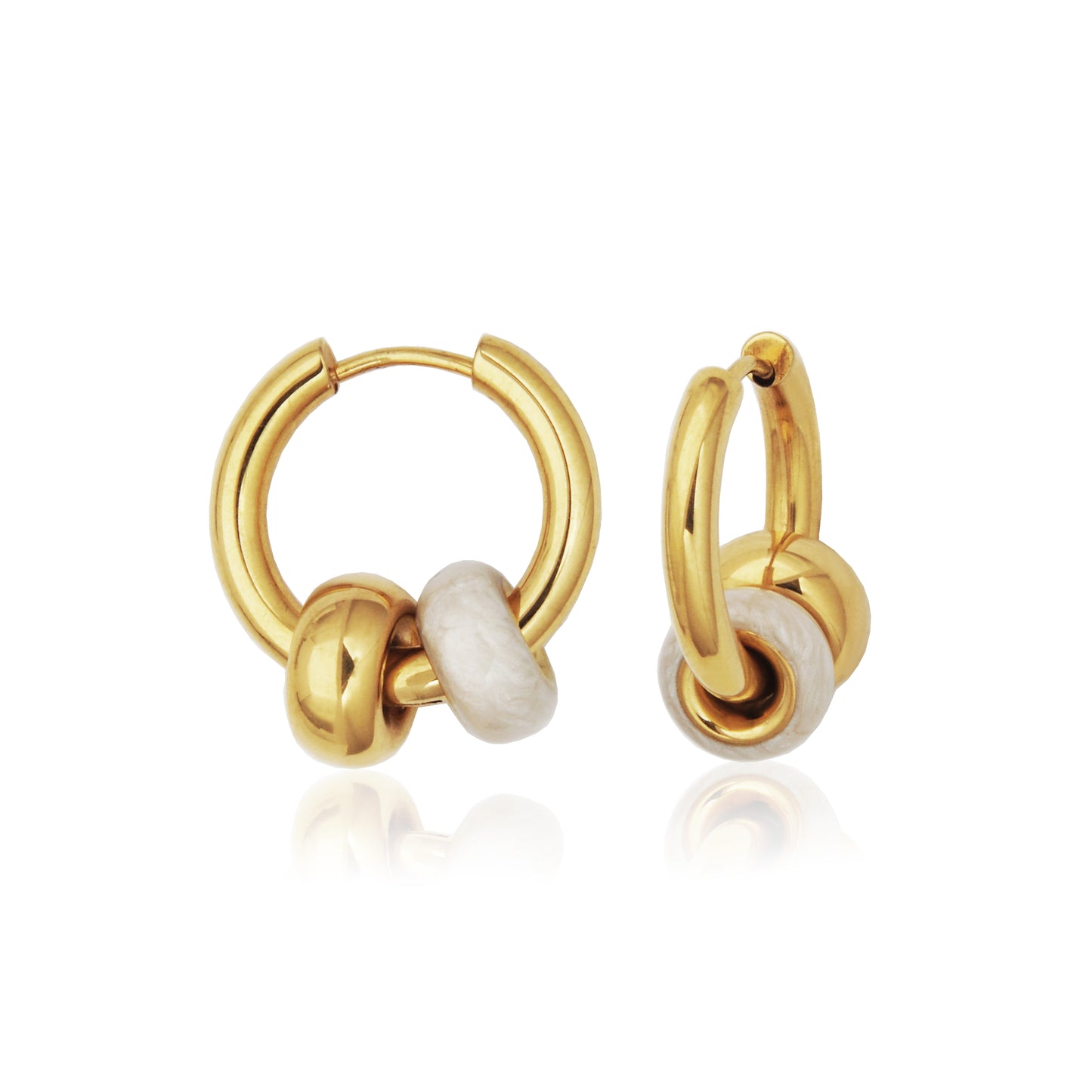 T2XJ850200 - Two-Tone White Enamel & IP Gold Rondelles Huggie Earrings | Steelx