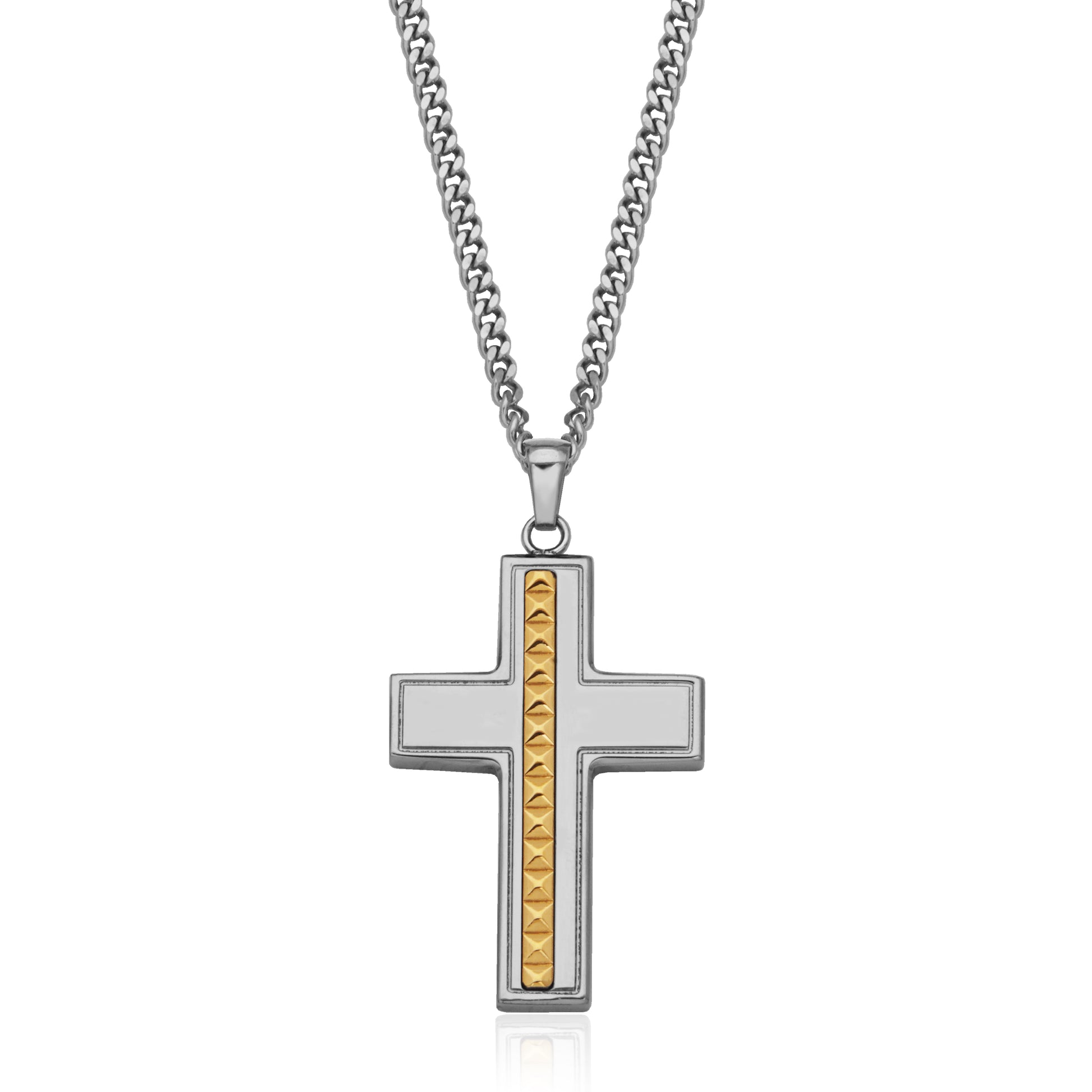 T3XJ990122 - Pyramid Stud Inlay Cross Pendant Necklace | steelx