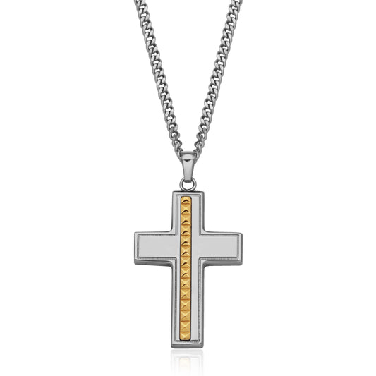 T3XJ990122 - Pyramid Stud Inlay Cross Pendant Necklace | steelx