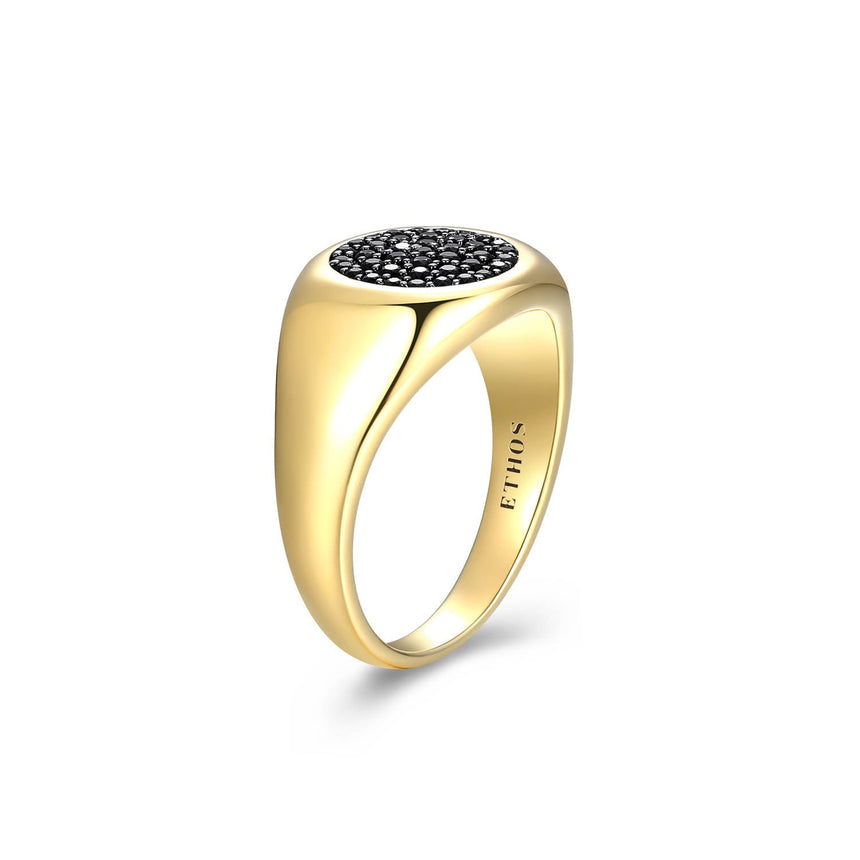 Black Ice Yellow Gold Plated Gunmetal Ring with Black Sapphire - UR0008 | ethos