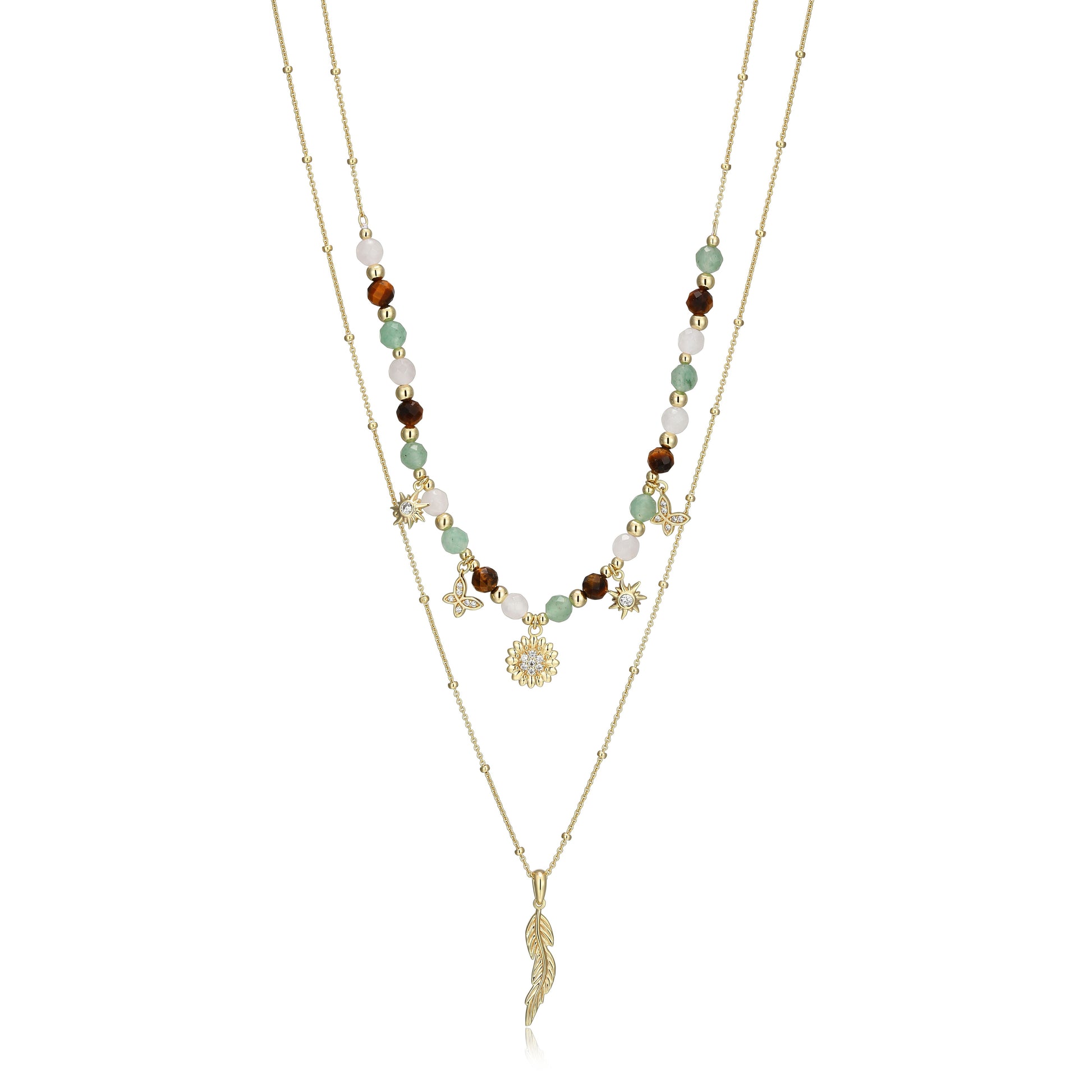 RN0203 - Genuine Dark Green Aventurine, Rose Quartz & Tiger's Eye Beaded Charm Necklace | reign